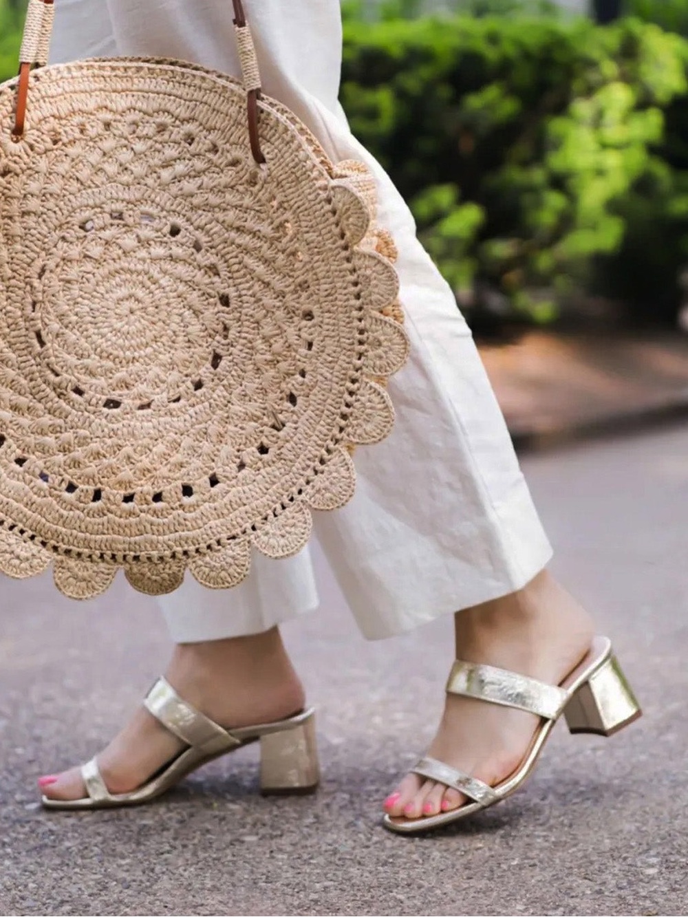 Women's Metallic Gold Block Heel Sandals with Dual Strap